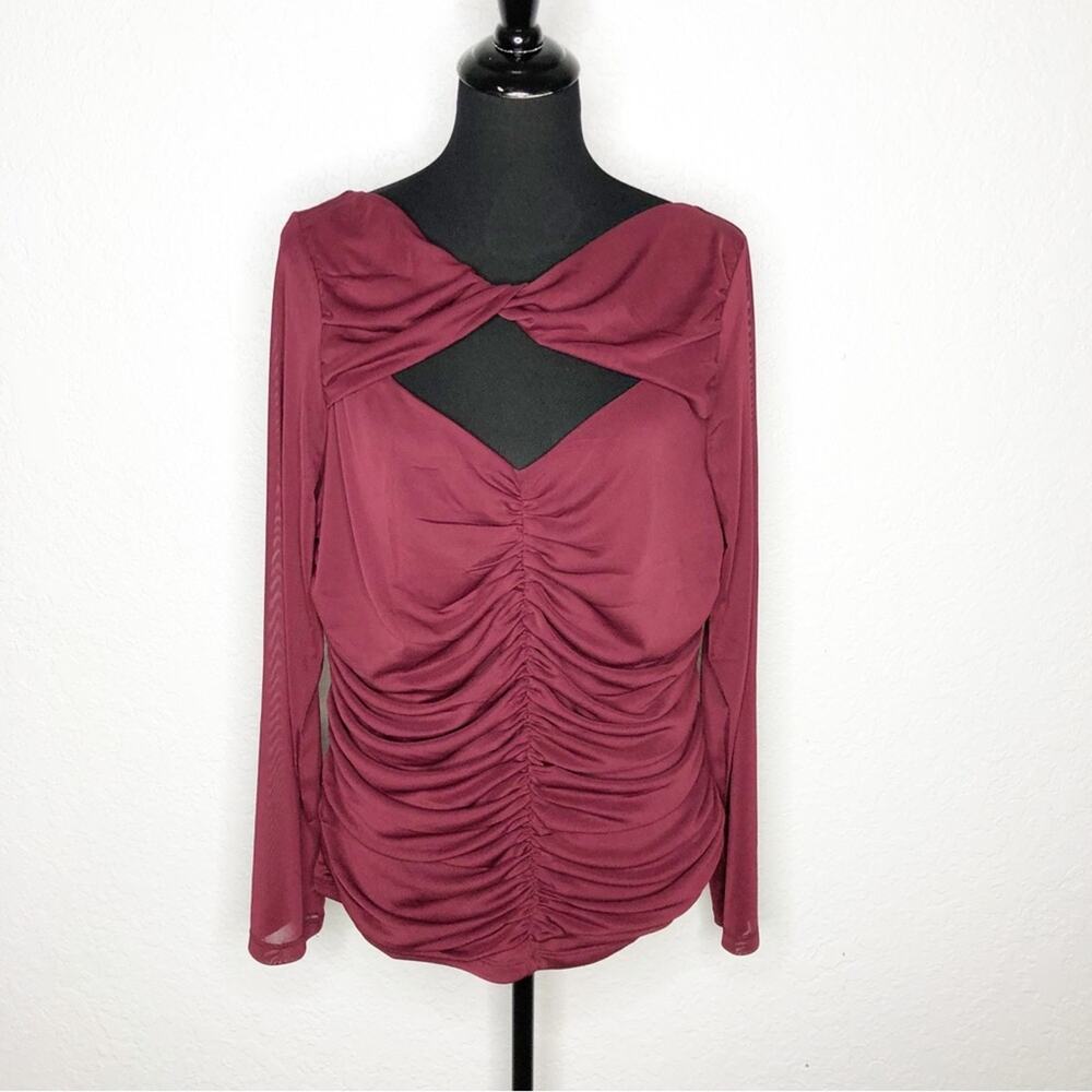 LOFT maroon wine mesh ruched cut out long‎ sleeve top size XXL NWT
